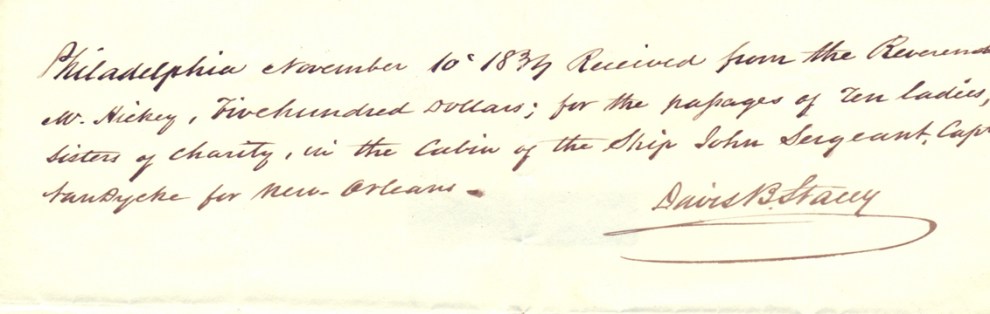 Sisters travel receipt November 10, 1833