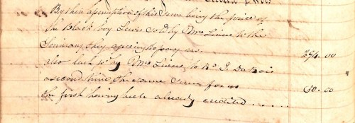 Excerpt from Ledger 57 reading: “By their assumption of this sum being the price of the Black boy Lewis sold by Mr. Livers to the Seminary they agreeing to pay us 296.00” 