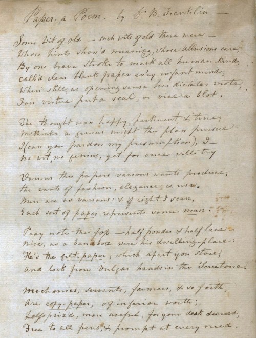 Mother Seton's Transcript of 'Paper a Poem' by Benjamin Franklin