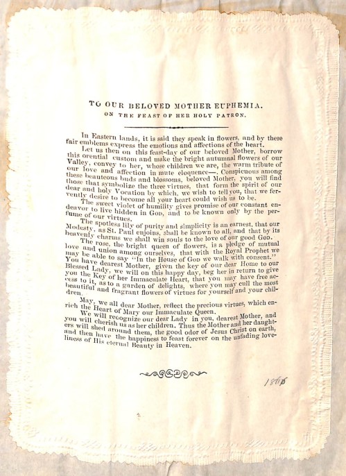 From Souvenir of Old Times, page 425: “To Our Beloved Mother Euphemia. On The Feast of Her Holy Patron.”